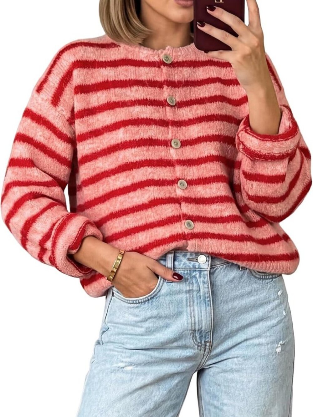 Chic Striped Button-Up Long Sleeve Cardigan Sweater for Fall Fashion